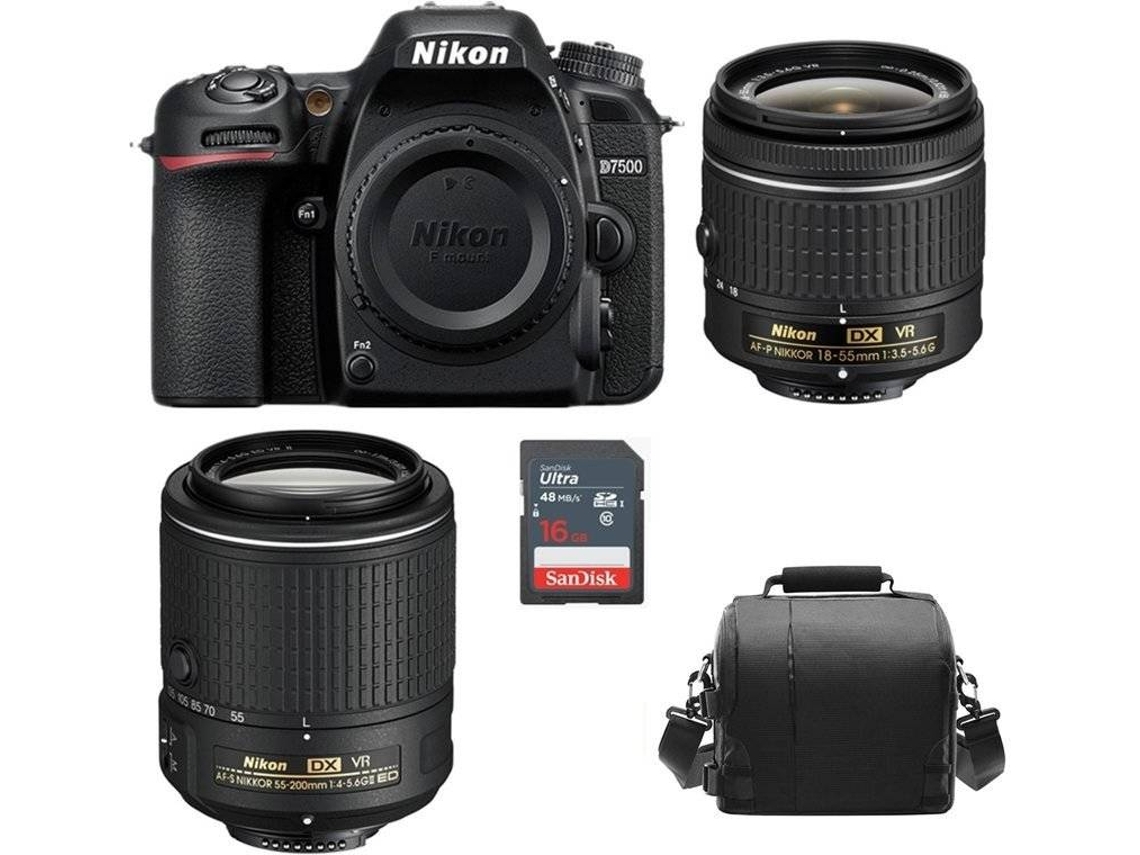 Kit Cámara Réflex NIKON D7500 Negro AF-P 18-55mm F3.5-5.6G VR + AF-S 55-200mm F4-5.6G ED VR II + Funda de cámara + Tarjeta SD de 16GB