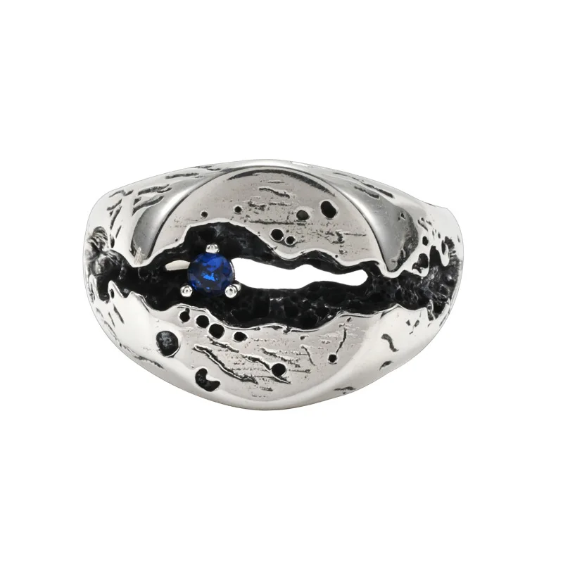 Anillo Antiguo Agrietado, Engastado Con Cristal Azul, Banda Ajustable Con Piedras Preciosas.