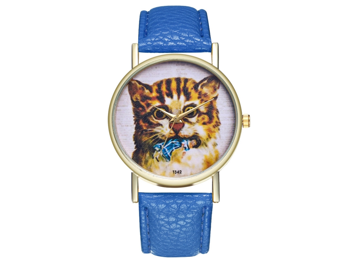 Reloj De Pulsera Para Mujer Zhoulianfa Con Estampado De Gato Y Correa De Piel Sintética Azul.