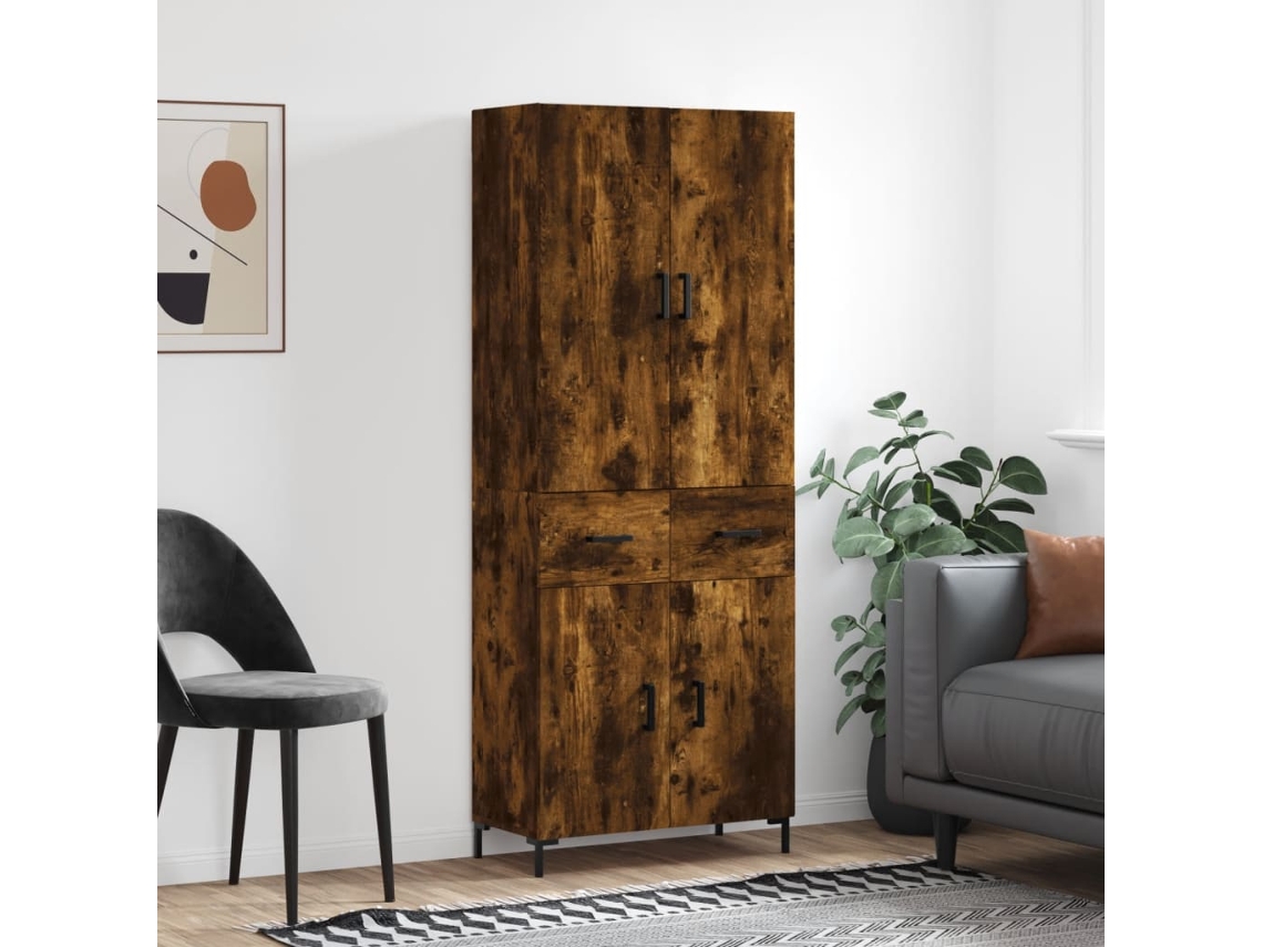 Aparador Alto | Aparador De Comedor | Armario De Cocina Madera Contrachapada Roble Ahumado 69,5x34x180 Cm