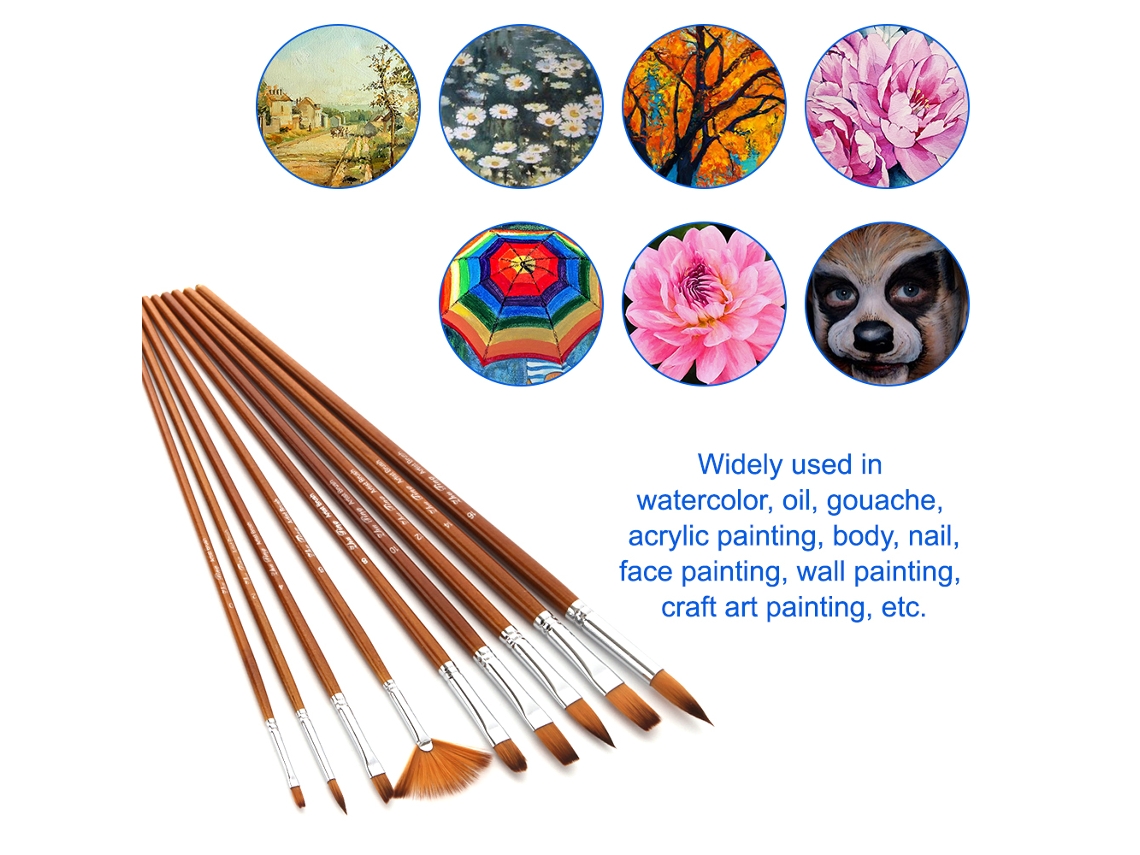 Conjunto de 9 Pincéis Profissionais de Nylon com Cabo de Madeira para Arte S/MARCA