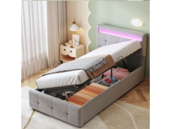 Cama Infantil Tapizada En Terciopelo Gris, De 90x200 Cm, Con Iluminación Led, Espacio De Almacenamiento Hidráulico Y Cabecero Regulable.