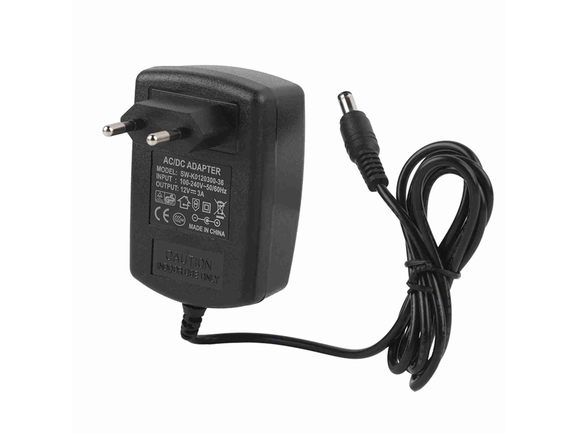 Adaptador/transformador de corriente alterna a continua de 12 V y 3 A para tiras de luces LED.