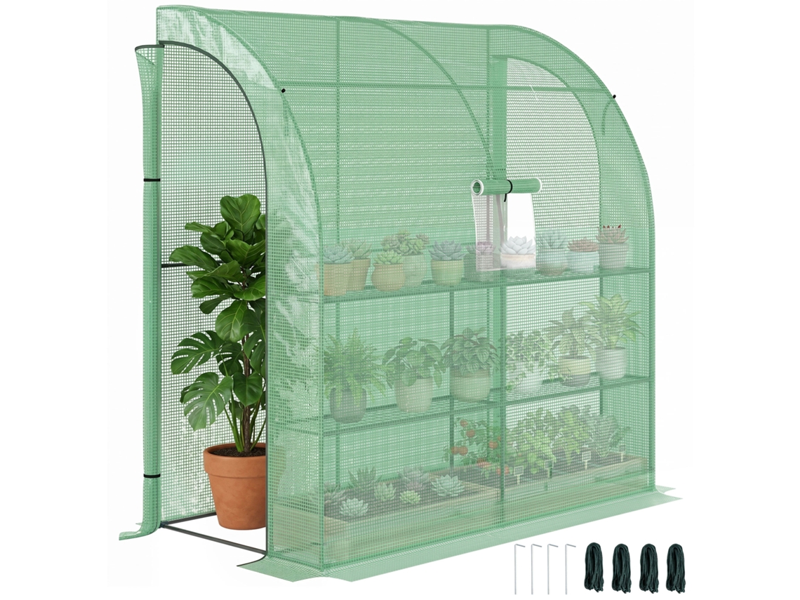Invernadero Exterior De 200x100x215 Cm Con 3 Estantes Y Ventanas, Color Verde.