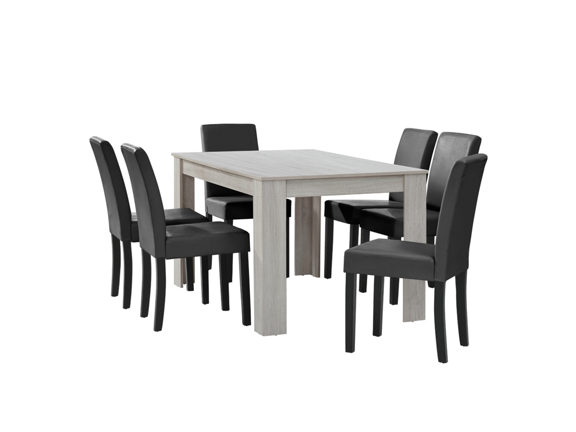 Mesa de comedor + 6 sillas Forssa MDF y polipiel 140x90x77cm - Roble blanco + Gris oscuro [EN.CASA]