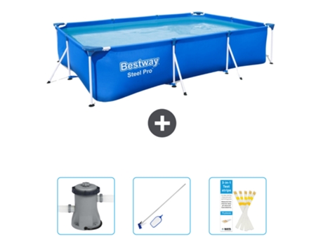Piscina BESTWAY Rectangular Steel Pro - 300 x 201 x 66 cm - Azul - Incluida Bomba - kit de limpieza - Tiras de prueba