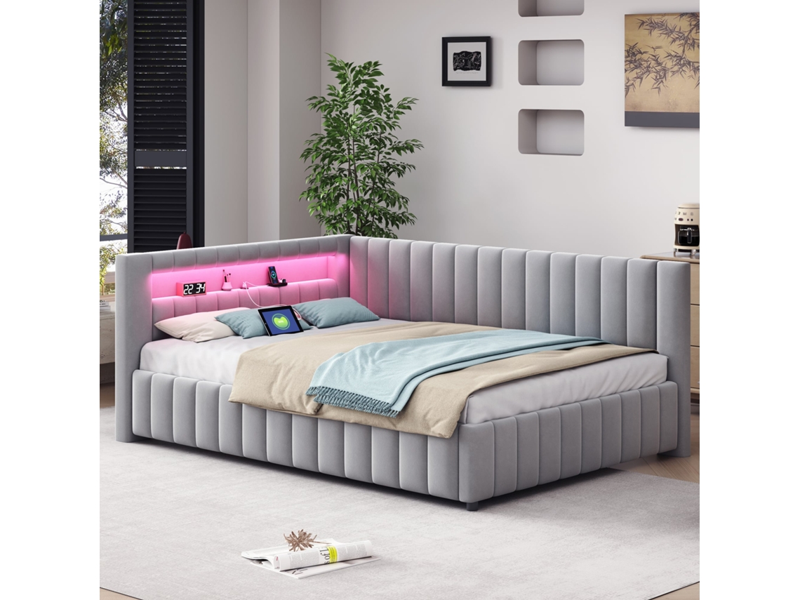 Sofá Cama Multifuncional De 140x200 Cm, Terciopelo Gris, Con Led Y Conexión Usb.