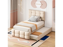 Cama con almacenaje tapizada de 90x200 cm con cabecero ajustable y tela de lino beige.