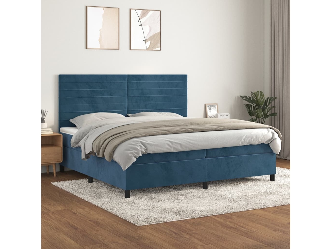 Cama Box Spring Con Colchón Terciopelo Azul Oscuro 200x200 Cm