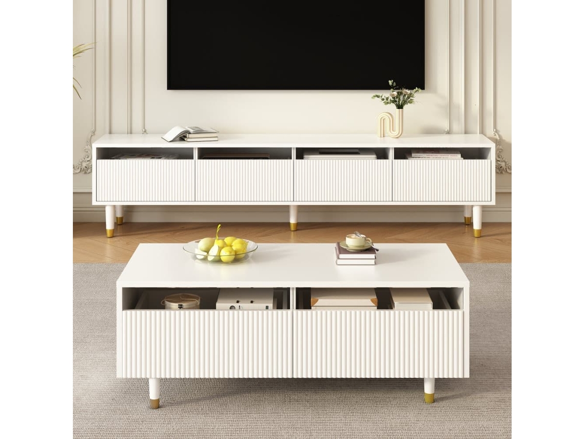 Mesa De Centro Led Moderna - Tablero Ondulado, 2 Cajones, Luces Led Cambiantes - Dorado-blanco