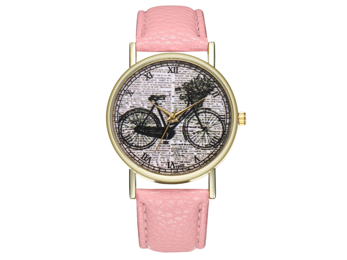 Reloj Casual De Moda Para Hombre Y Mujer Bicicleta De Cuarzo Con Correa De Cuero Rosa