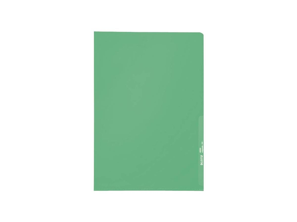 Funda estándar para documentos Leitz, A4, PP, texturizada, verde, 0,13 mm, abierta en la parte superior y lateral, a prueba de documentos, con orificio para el pulgar (4000 fundas Leitz)