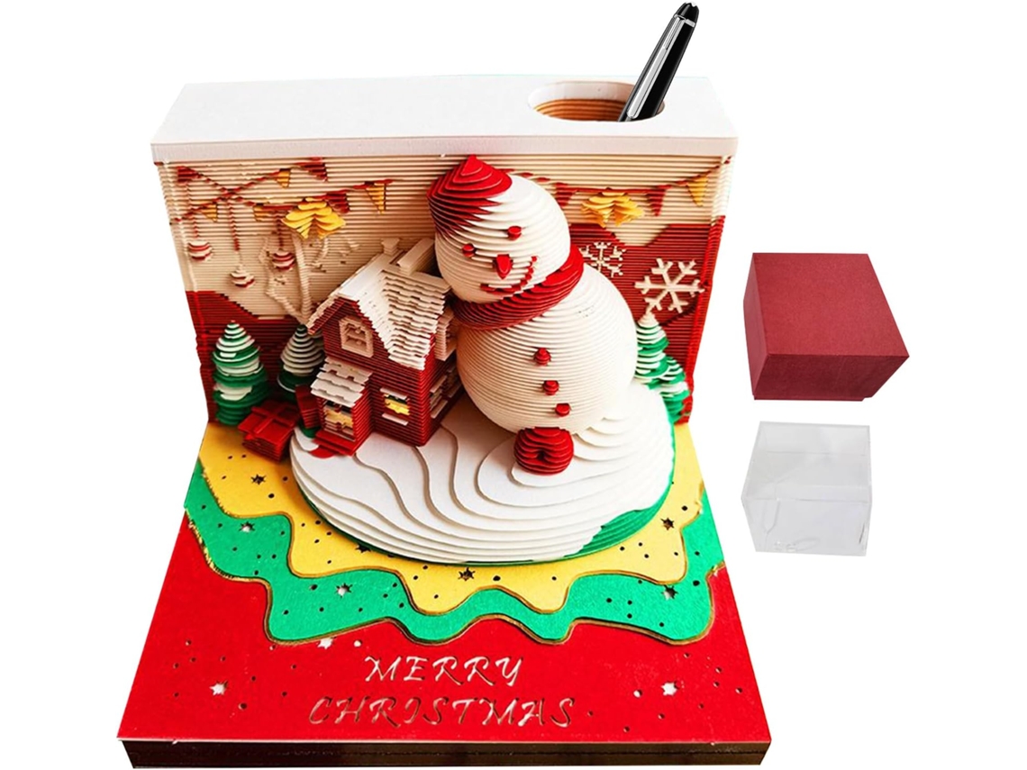 Calendario de escritorio 3D con bloc de notas artístico y muñeco de nieve navideño de Desta Gokoco