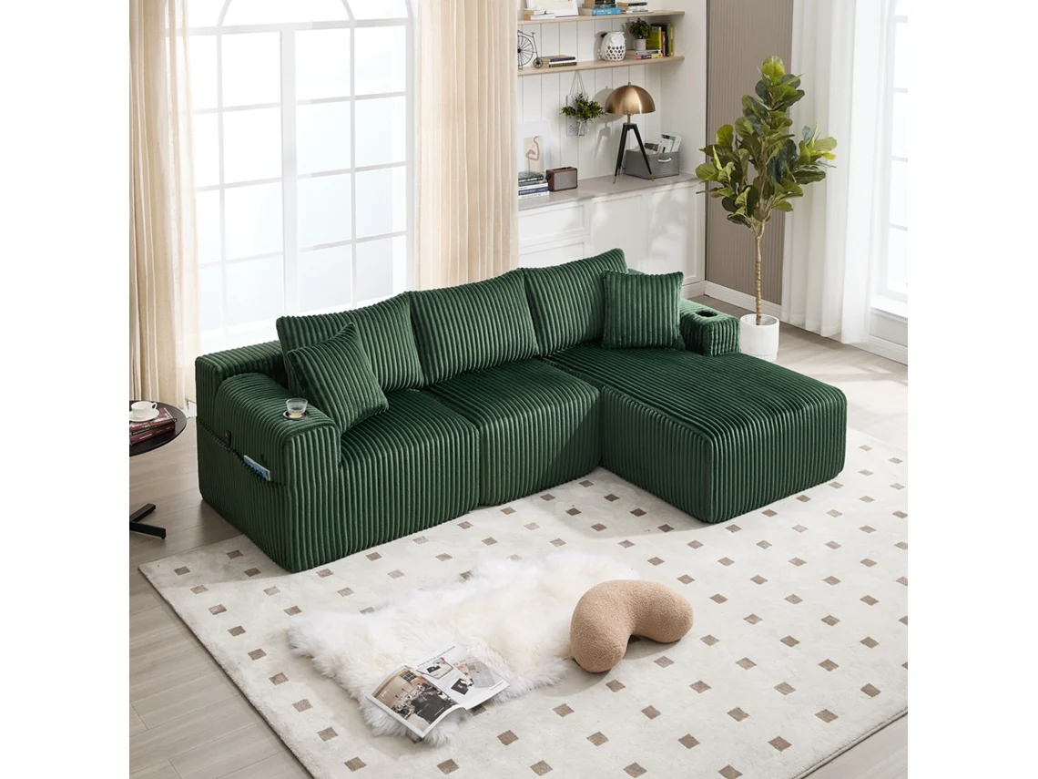 Sofá Modular Chaise 2 Plazas 5 Cojines Portavasos Bolsillos