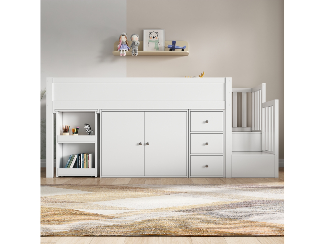 Cama alta infantil de 90 x 200 cm con escritorio deslizante, 3 cajones y 2 puertas, color blanco