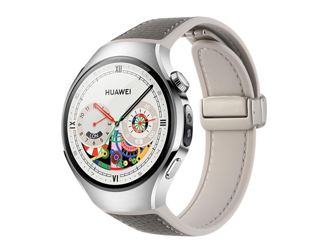 Bracelete Para Huawei Watch 5 (46mm) - Silicone E Couro Híbrido - Fivela Magnética Cinza Lichia Granulada Starlight