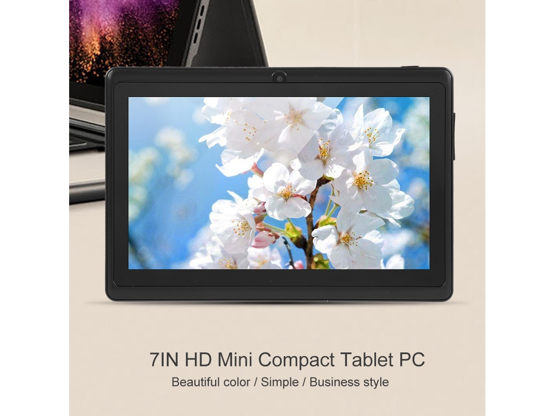 Tableta Android compacta mini HD de 7 pulgadas, 8 GB de ROM, Wi-Fi, Bluetooth, cámara dual, color negro y dorado.