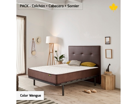 Pack Colchón y Cabecero Tapizado y Somier DESCANSIN Facil montaje y Silencioso (135 x 180 - Wengue)