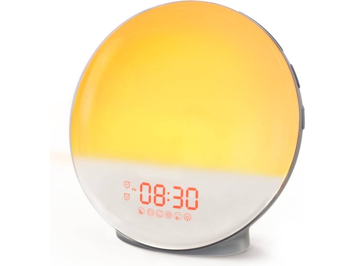 Despertador gris con amanecer para quienes duermen profundamente, luz de despertador con simulación de amanecer y atardecer (blanco)