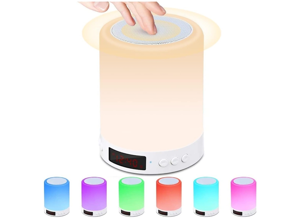 Candeeiro de Cabeceira com Altifalante Bluetooth Despertador com Luz Noturna de Toque Led Luz de Quarto Regulável com Mudança de Cor Rgb