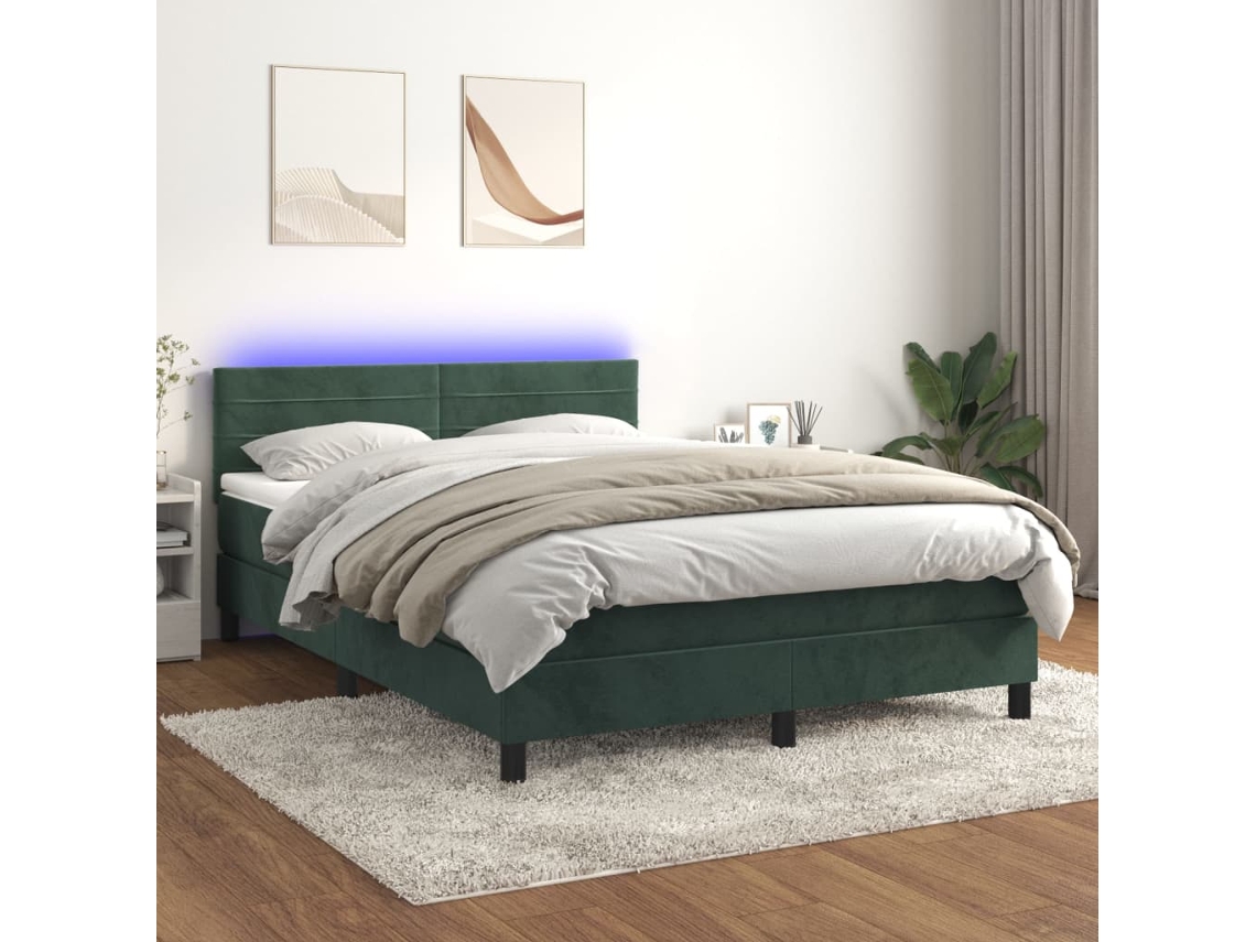 Cama Box Spring Colchón Y Led Terciopelo Verde Oscuro 140x190cm