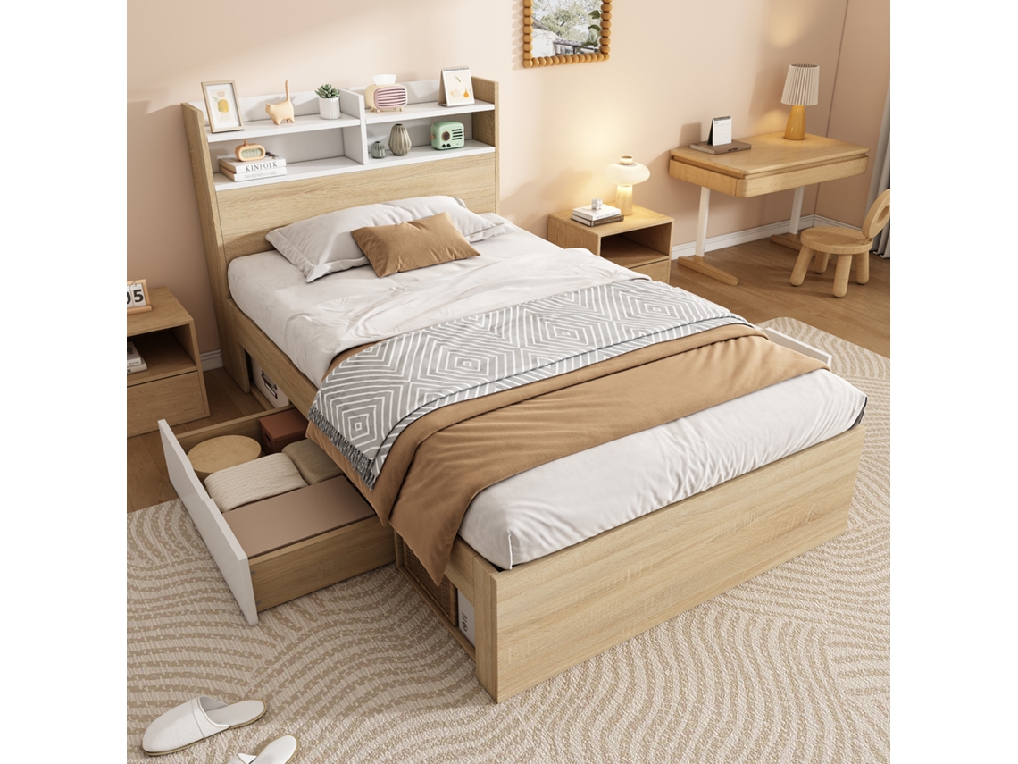 Cama Individual De Madera De Roble Blanco, De 90x200 Cm, Con Cabecero, Estante Y 2 Cajones.