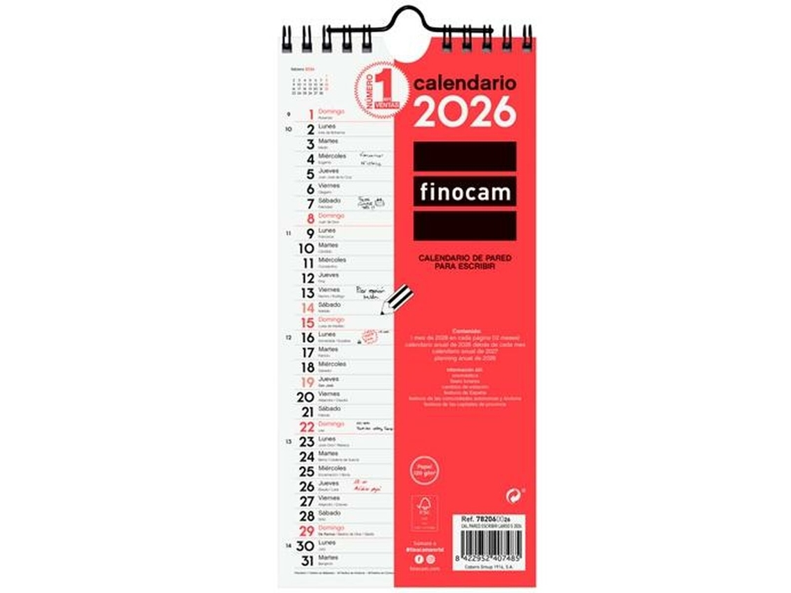 Calendario de pared de papel Finocam 2026 11 x 23,5 cm