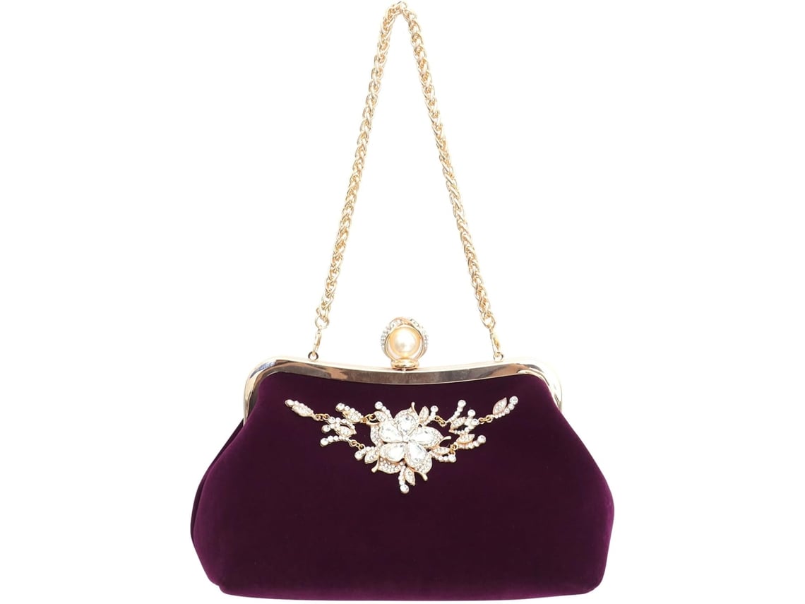 Elegante Bolso De Mano De Noche Para Mujer En Tela De Felpa Con Pedrería, Correa De Hombro Desmontable, Empaquetado.
