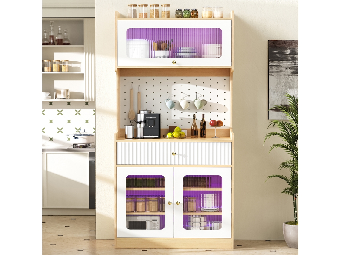 Aparador Alto - Estantes Ajustables, Cajones, Iluminación Led, Puertas De Cristal Acanalado, Multifuncional Cocina Y Salón - Natural Y Blanco
