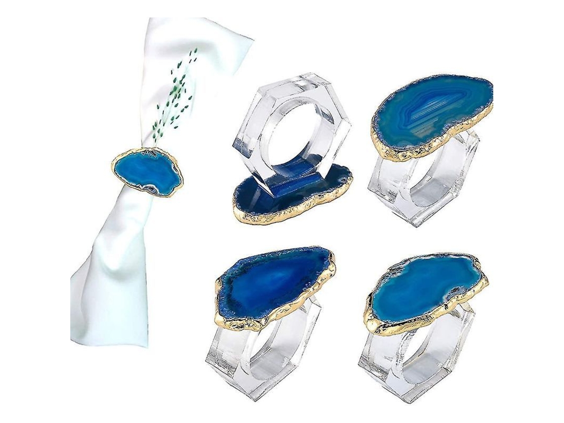 Anillos Para Mantel De Ágata Azul, Juego De 4 Con Aro Transparente Y Borde Dorado.