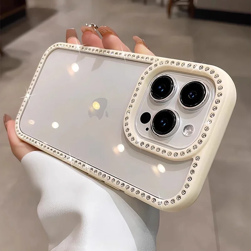 (iphone 13 Pro, Blanco) Funda Transparente Con Brillantes Diamantes De Imitación, Protección A Prueba De Golpes, Marco De Acrílico Rígido.