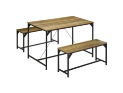 Juego de mesa de comedor con 2 bancos para 4 personas, estructura de acero, mesa para cocina o salón, color natural y negro.