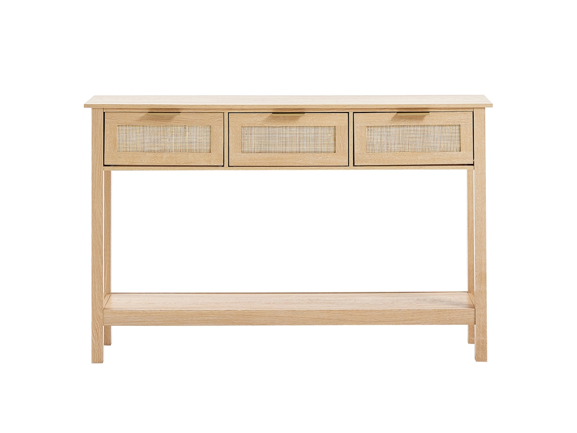 Mesa Consola De Ratán Succebuy Con 3 Cajones Y Puerta Corredera, Acabado Natural