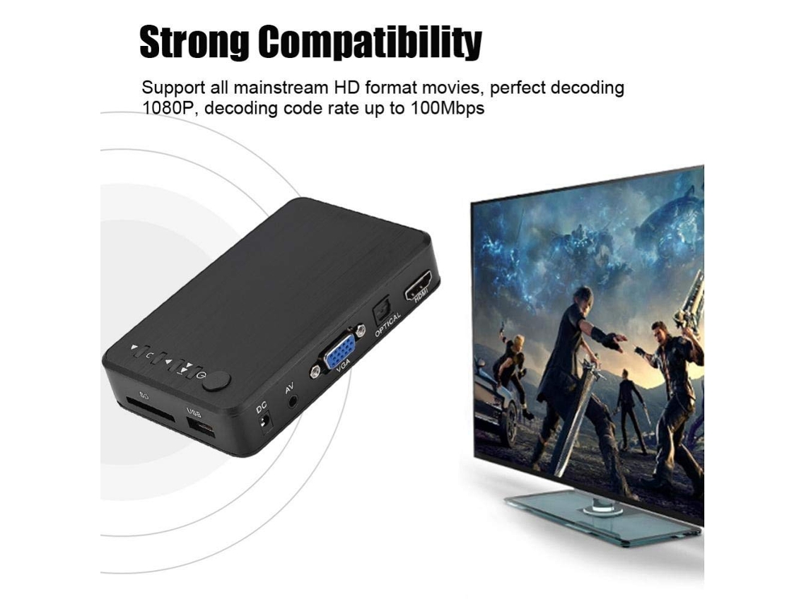 Reproductor multimedia, 1080P HD HDMI Audio Video Reproductor multimedia  Compatible con USB, tarjeta SD, disco duro con control remoto IR,  110V-240V.(UE)