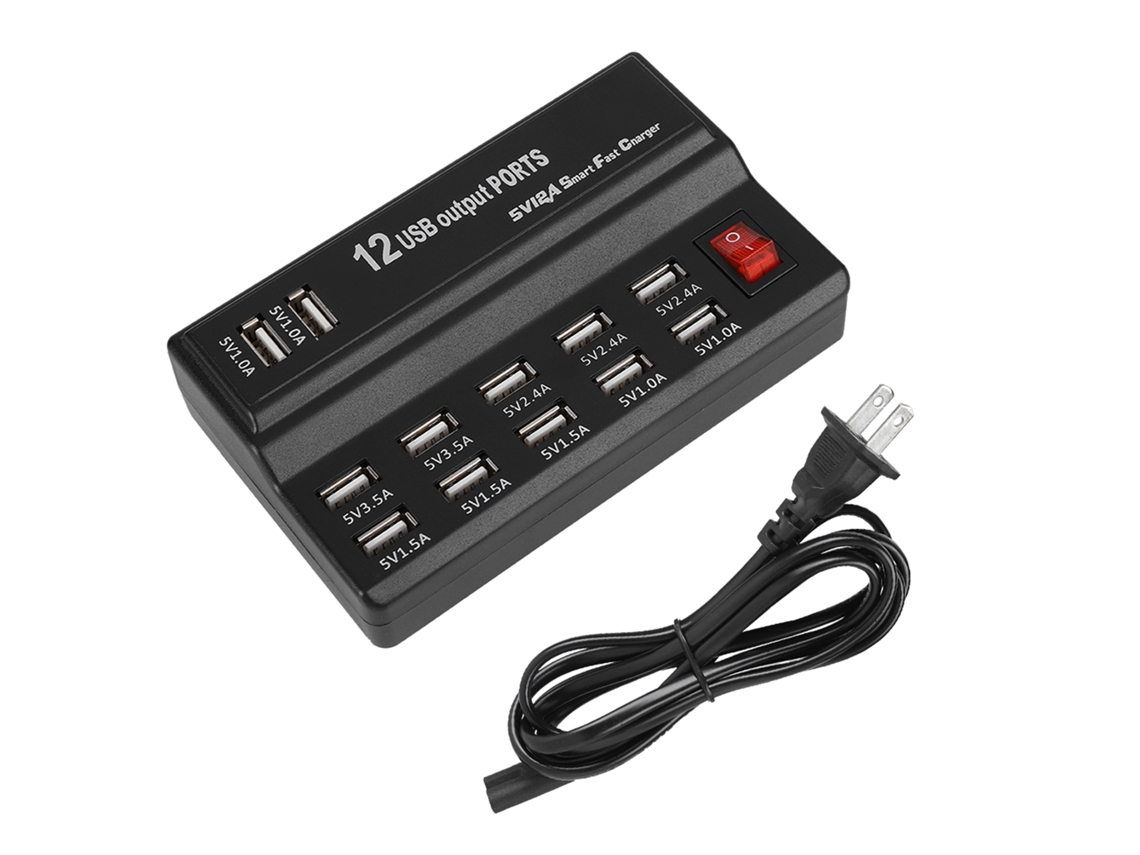 Estação De Carregamento Usb Com 12 Portas 5v 12a Adaptador Carregador Hub Para Casa E Viagem