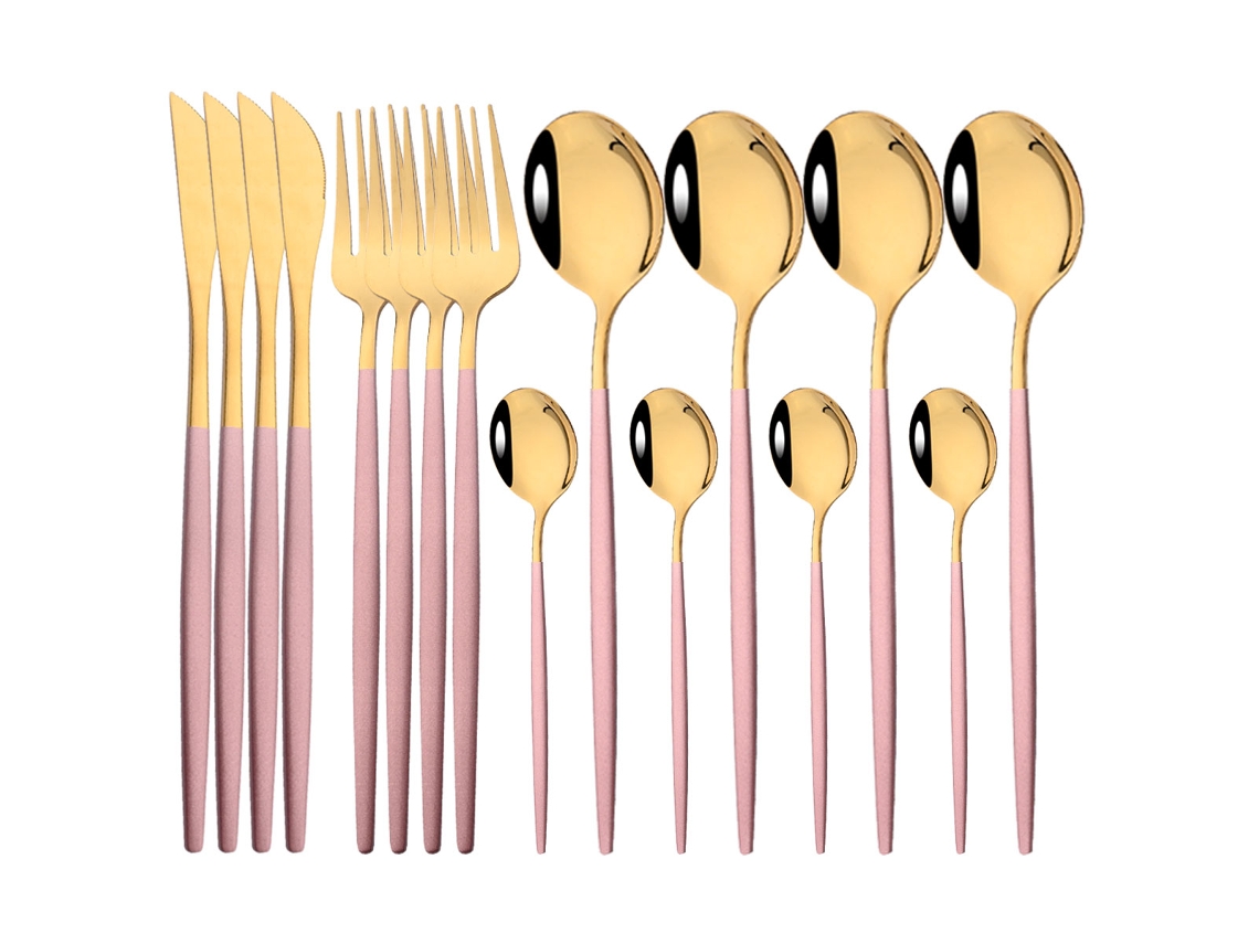 Juego de cubiertos de 16 piezas, acero inoxidable con acabado pulido espejo: tenedor, cuchara y cuchillo. MDUG (oro rosa).