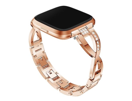 Pulsera Correa de reloj de acero inoxidable macizo con tachuelas de diamantes en forma de X para Fitbit Versa Lite Oro rosa VENISYMLIS