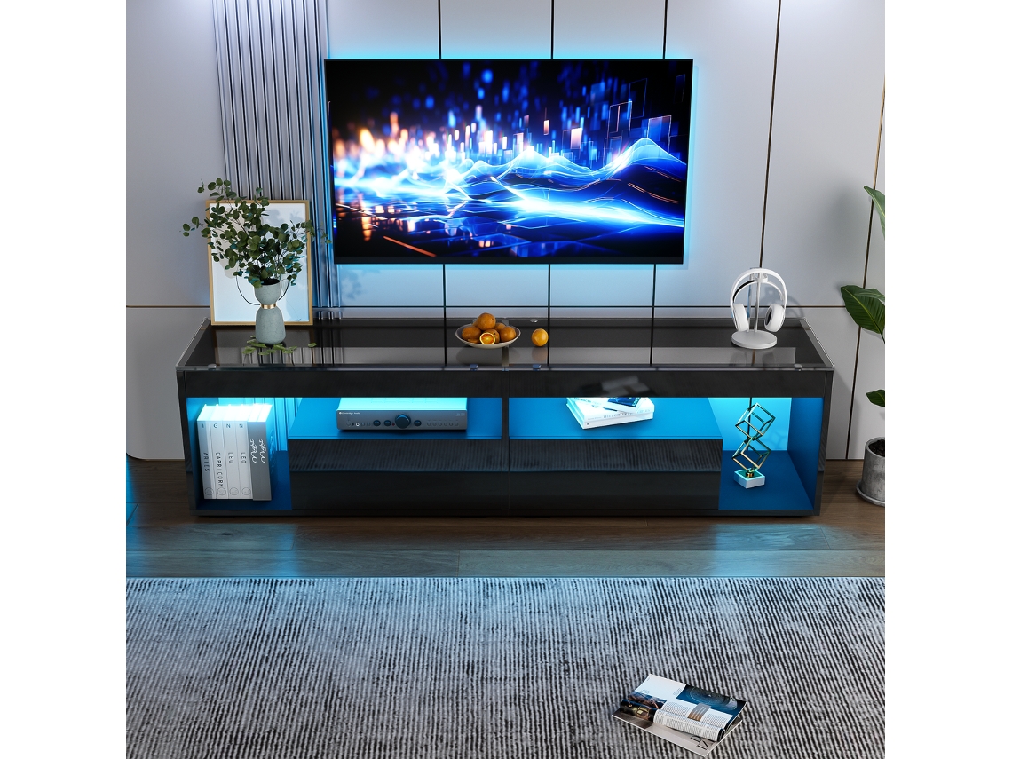 Mueble Para Tv Led Con Vidrio Templado, 2 Cajones, Organizador, Diseño Moderno, Soporta Tv De 70 Pulgadas, 180x40x46 Cm, Negro Brillante
