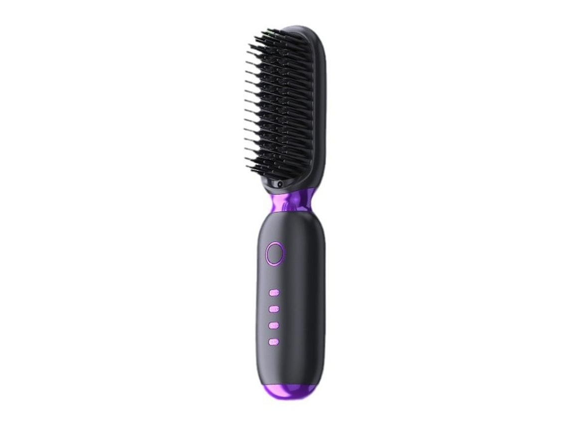 Peine alisador recargable (negro/morado) con iones negativos: doble función para alisar y rizar el cabello.