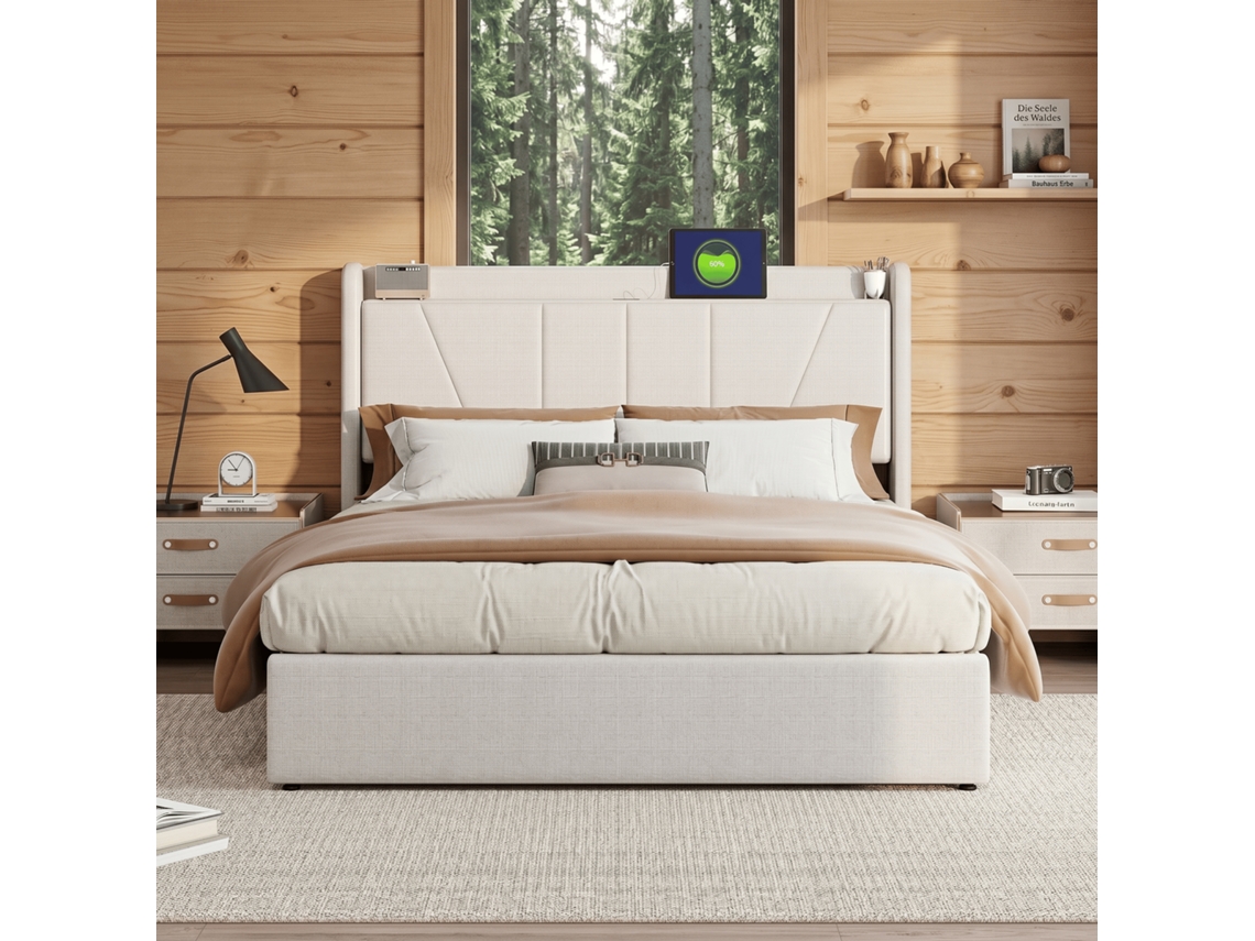 Cama De Matrimonio 140x200 Cm En Lino, Cama Doble Con Almacenaje Hidráulico, Cabecero Geométrico Con Estantes Y Puertos Usb, Beige