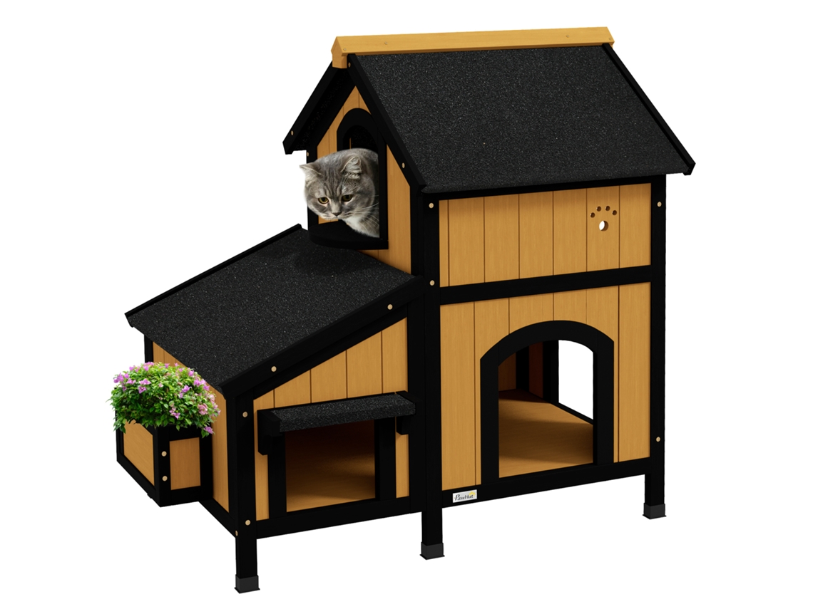 Caseta/refugio de madera de dos plantas para gatos, de exterior, 96x65x85,5 cm, acabado natural.