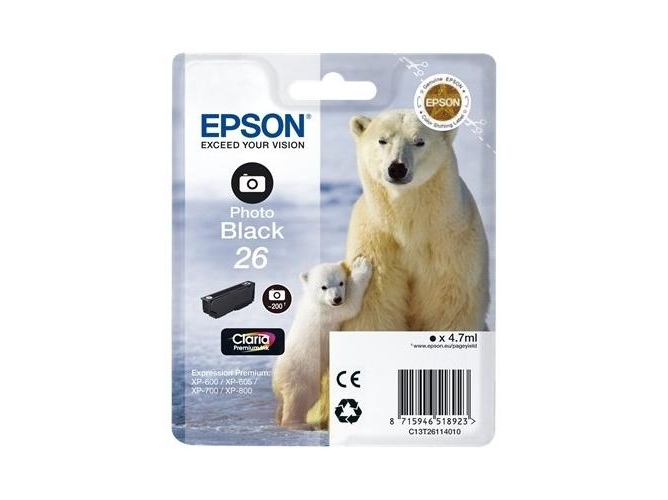 Cartucho de tinta original EPSON, 26, Oso polar 4,7 ml , Negro foto, C13T26114022, T2611