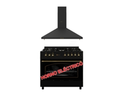 Solthermic® Combo Pack Estufa de gas rústica negra 90x60 Horno eléctrico panorámico Campana extractora rústica negra 90