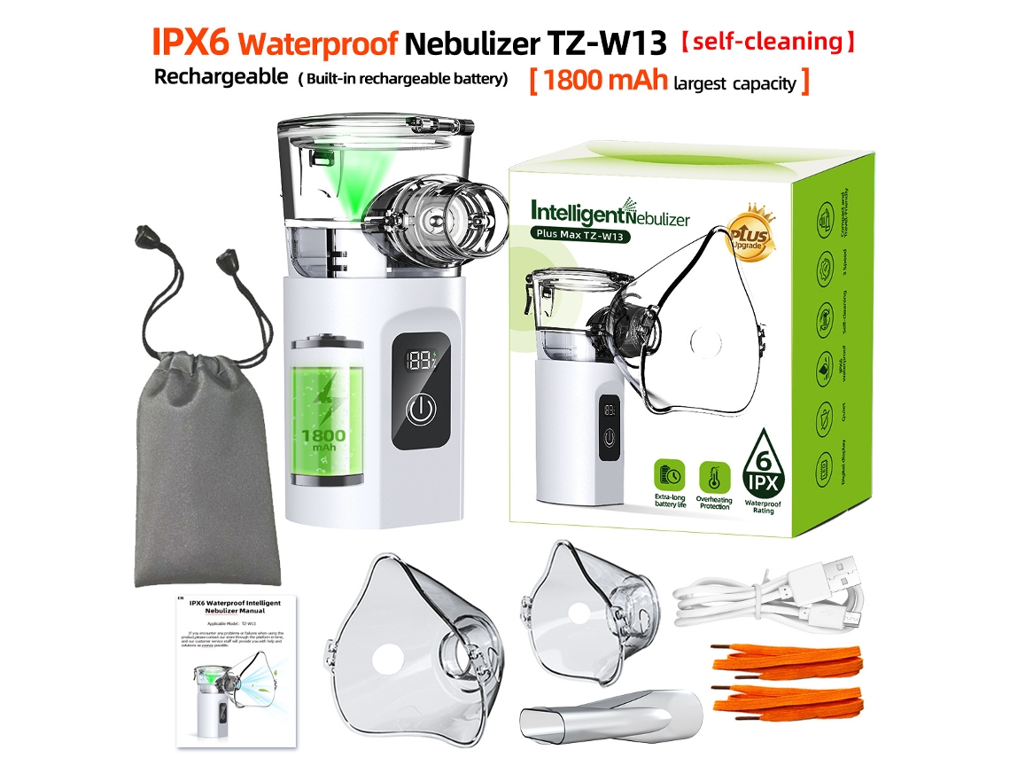 Nebulizador portátil blanco IPX6 resistente al agua, batería de 1800 mAh, bolsa de almacenamiento familiar.
