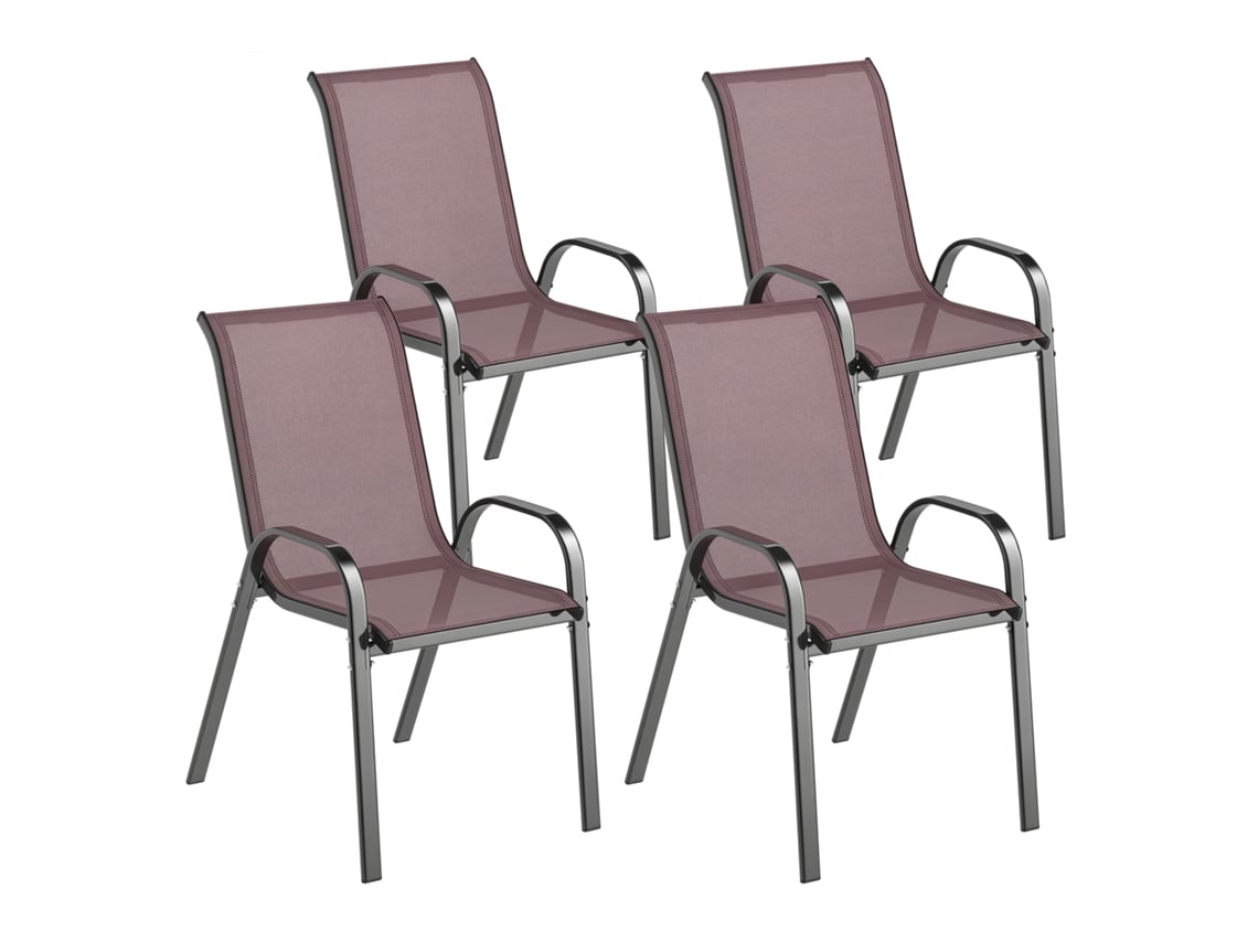 Juego de 4 sillas de jardín apilables con reposabrazos curvos, de acero y tela marrón.