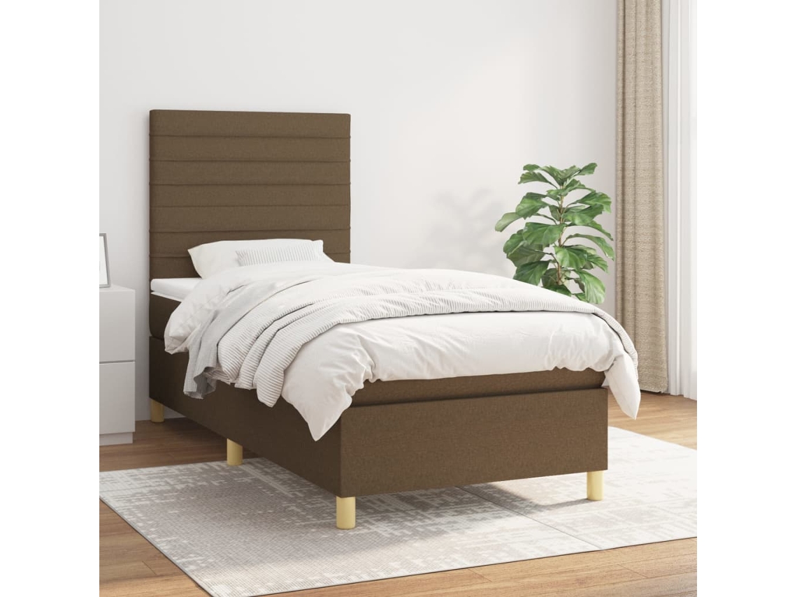 Cama Box Spring Con Colchón Tela Marrón Oscuro 100x200 Cm