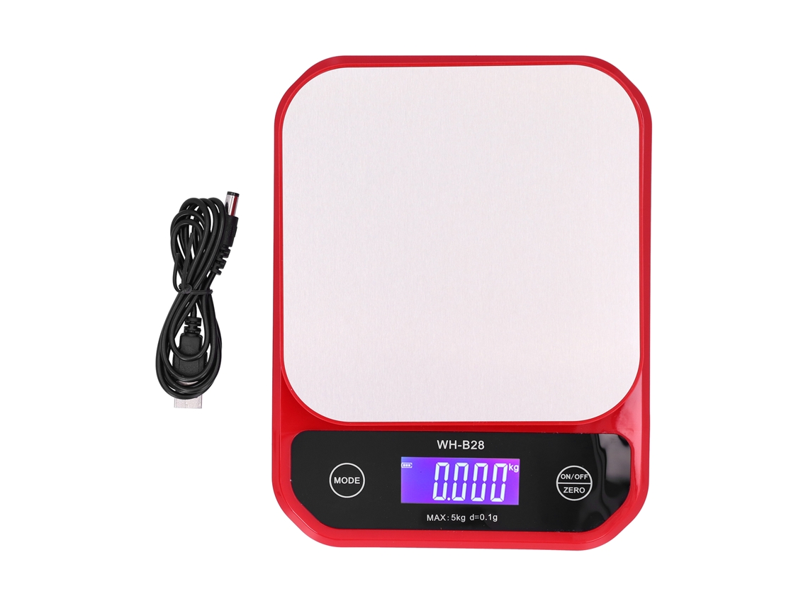 Balanza de cocina recargable por USB e impermeable de 5 kg/0,1 g, color rojo.