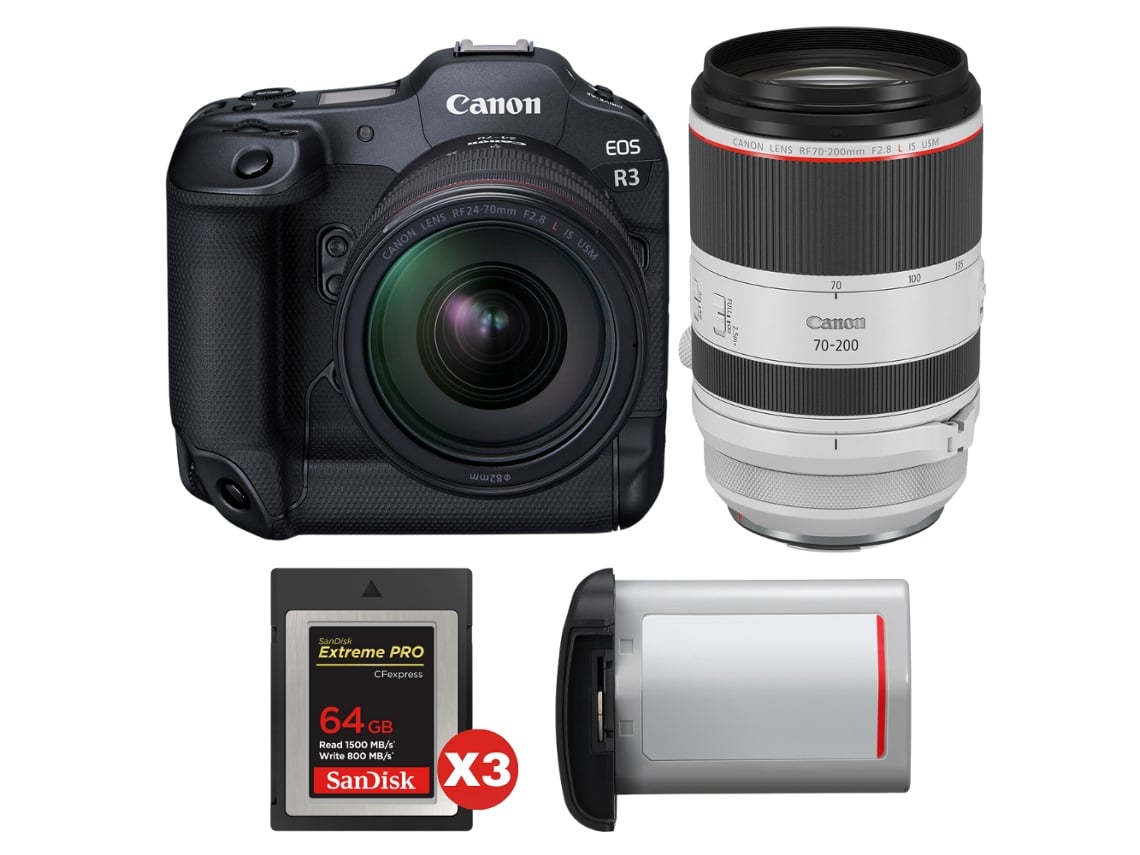 Canon Eos R3 + Rf 24-70mm F/2.8 L Is Usm + Rf 70-200mm F/2.8 L Is Usm + 3 Sandisk 64gb Extreme Pro Cfexpress Type B + Canon Lp-e + Ebook Pricedirect
