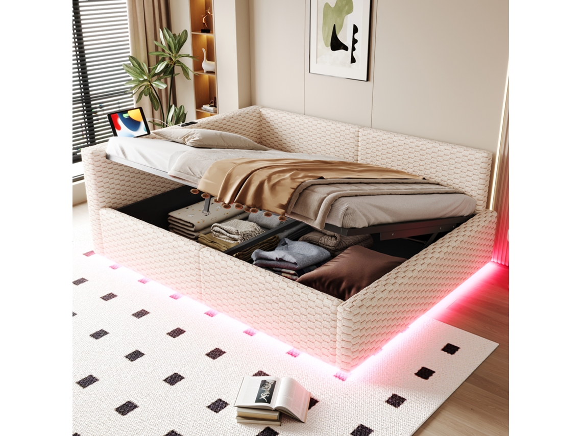 Cama Tapizada De 140x200 Cm Con Led, Usb-c, Sistema Hidráulico Y Terciopelo Beige.