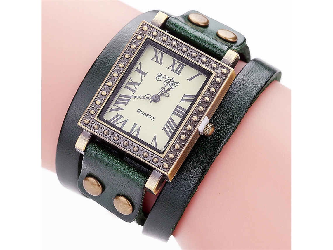 Reloj De Pulsera Cuadrado Unisex De Aleación De Cuero Genuino Y Cuarzo Verde